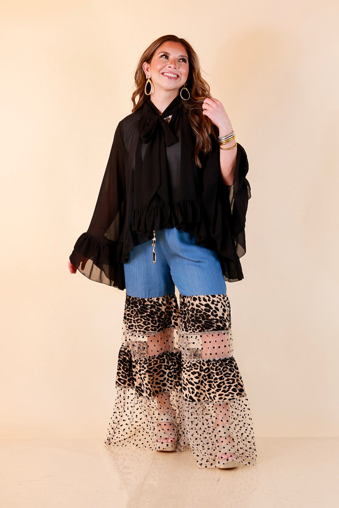 Call of the Wild leopard print tiered wide leg pants with sheer polka dot mesh in blue