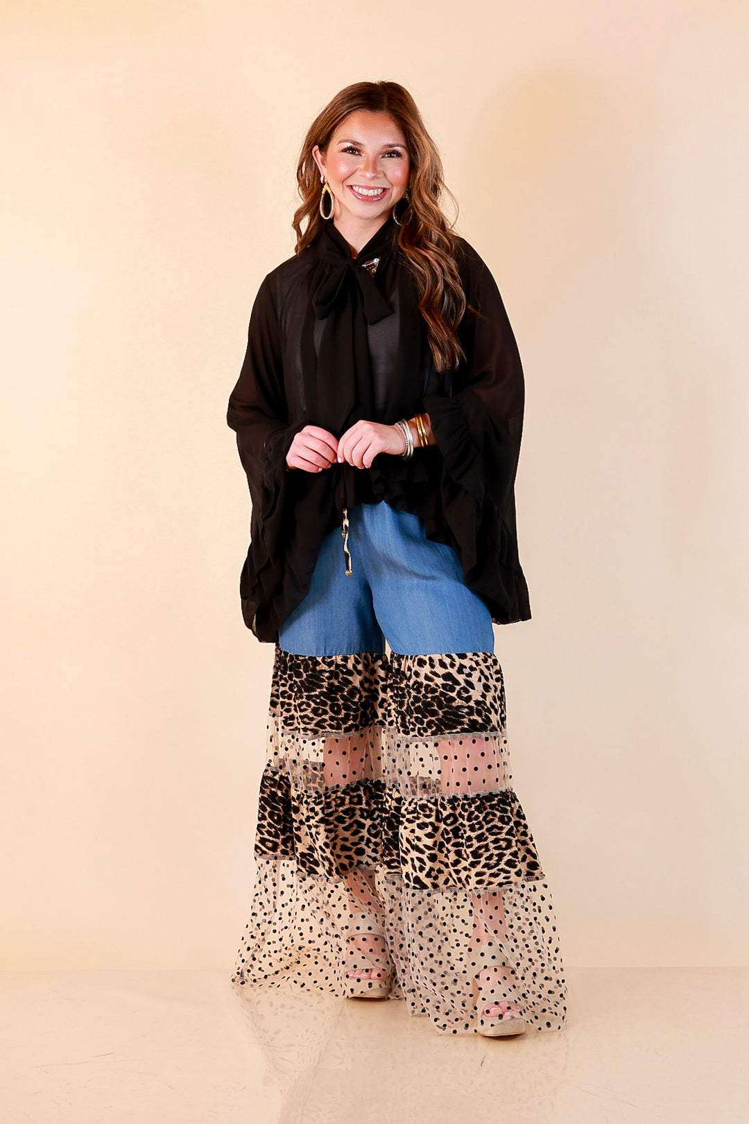 Call of the Wild leopard print tiered wide leg pants with sheer polka dot mesh in blue