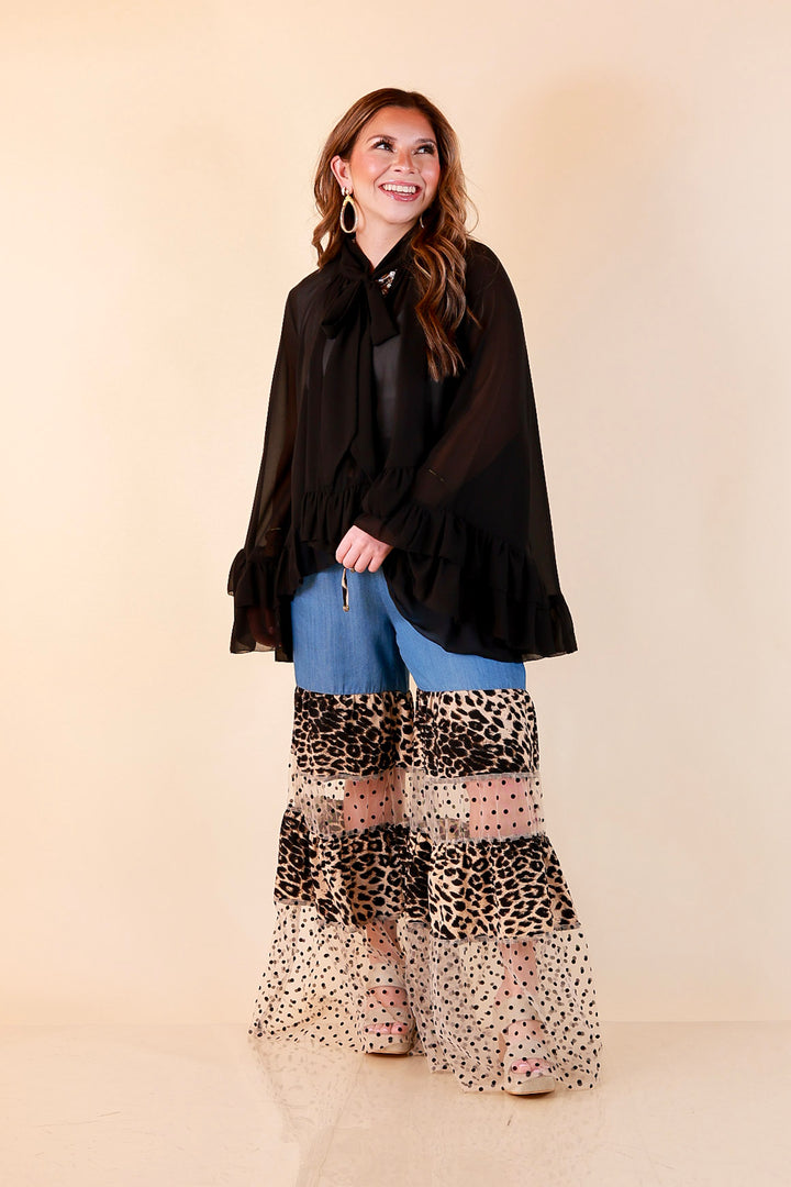 Call of the Wild leopard print tiered wide leg pants with sheer polka dot mesh in blue