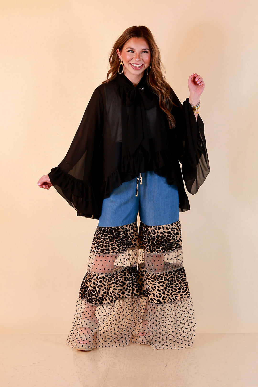 Call of the Wild leopard print tiered wide leg pants with sheer polka dot mesh in blue