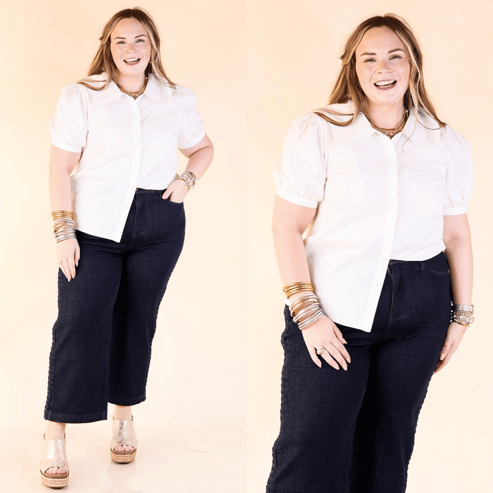 Call Me Darling blouse features puff sleeves, a ruffled Peter Pan collar, and classic button-down style for an effortlessly polished look. Sizes small through large.