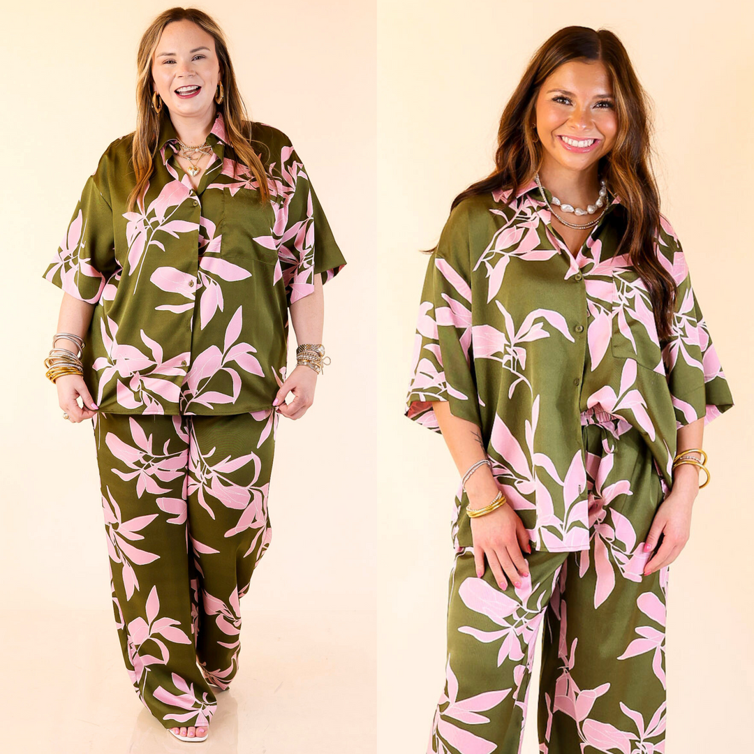 The Calm and Collected Top is lightweight, breezy, and effortlessly cute with a pink leaf print on olive green. With a relaxed fit and matching bottoms, it’s perfect for an easy, coordinated look. Sizes small through large.