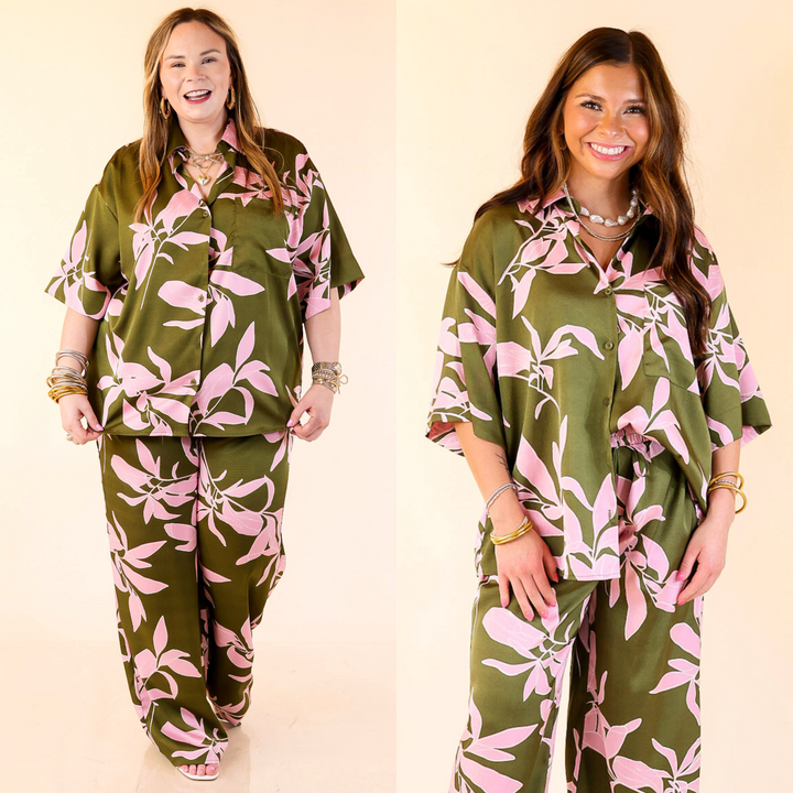 The Calm and Collected Top is lightweight, breezy, and effortlessly cute with a pink leaf print on olive green. With a relaxed fit and matching bottoms, it’s perfect for an easy, coordinated look. Sizes small through large.