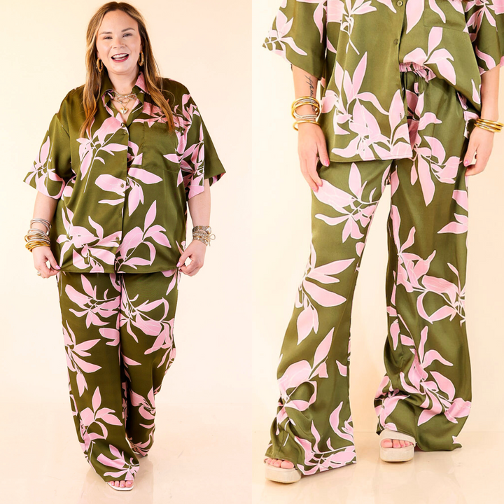 The Calm and Collected Drawstring Bottoms are lightweight, flowy, and effortlessly cute with a pink leaf print on olive green. Sizes small through large.