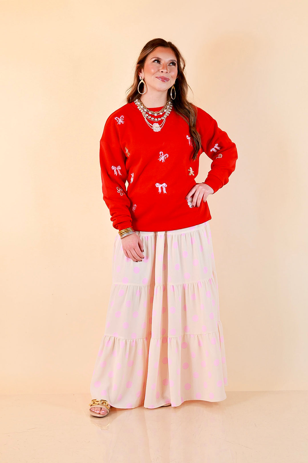 Candy Cane Lane Embroidered Sweatshirt in Red