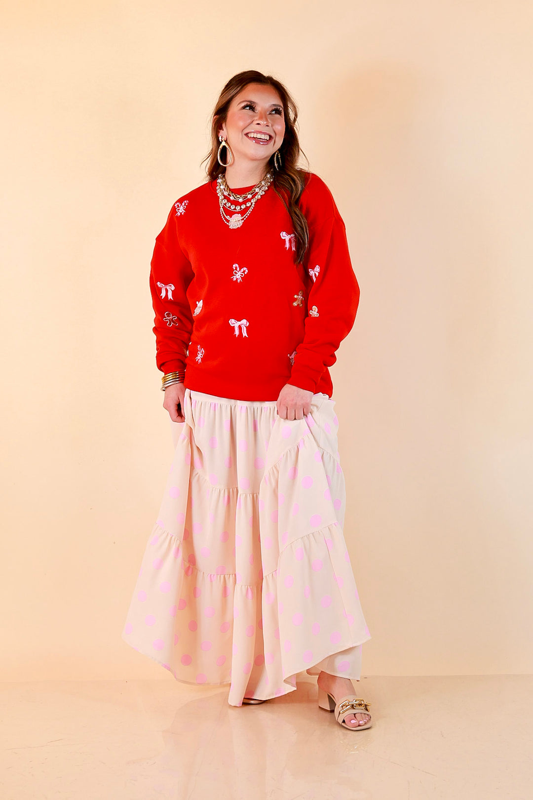 Candy Cane Lane Embroidered Sweatshirt in Red