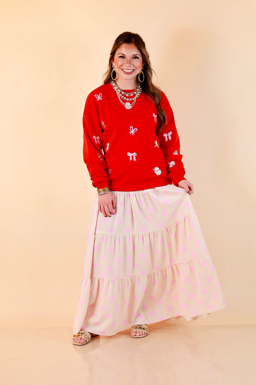 Candy Cane Lane Embroidered Sweatshirt in Red