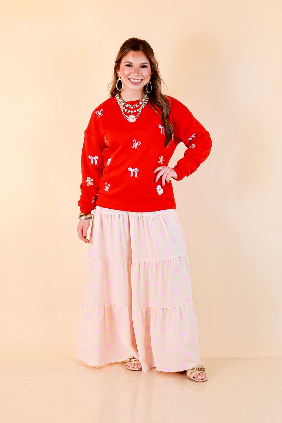 Candy Cane Lane Embroidered Sweatshirt in Red