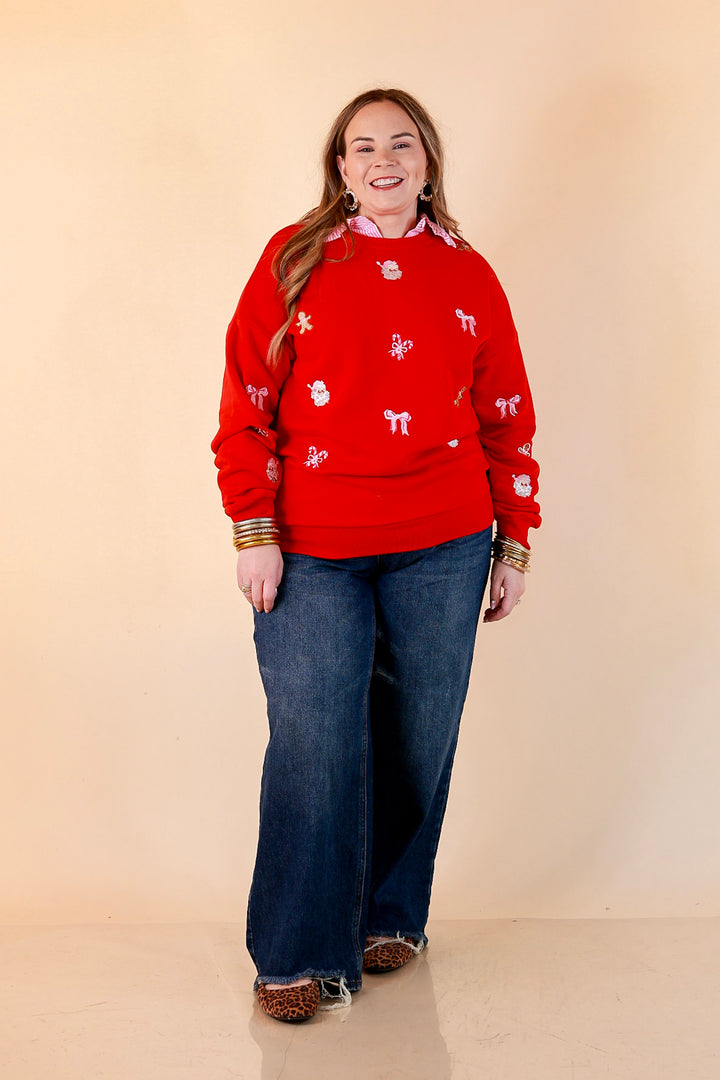Candy Cane Lane Embroidered Sweatshirt in Red