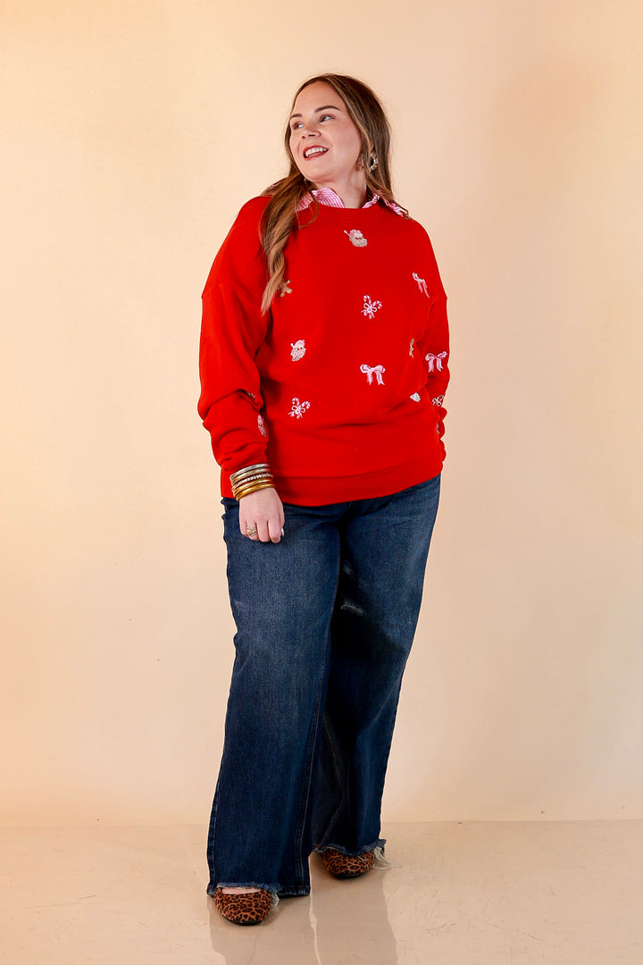 Candy Cane Lane Embroidered Sweatshirt in Red