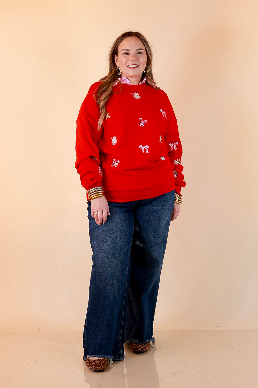Candy Cane Lane Embroidered Sweatshirt in Red