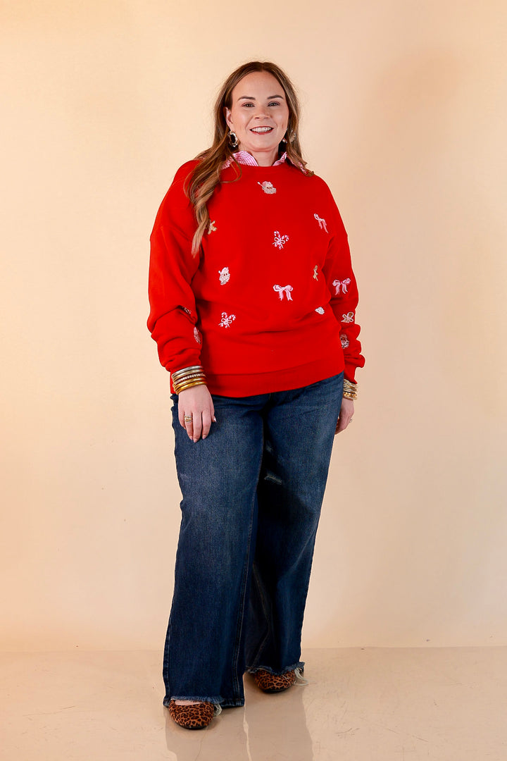 Candy Cane Lane Embroidered Sweatshirt in Red