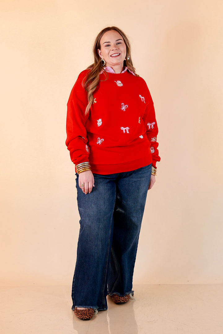 Candy Cane Lane Embroidered Sweatshirt in Red