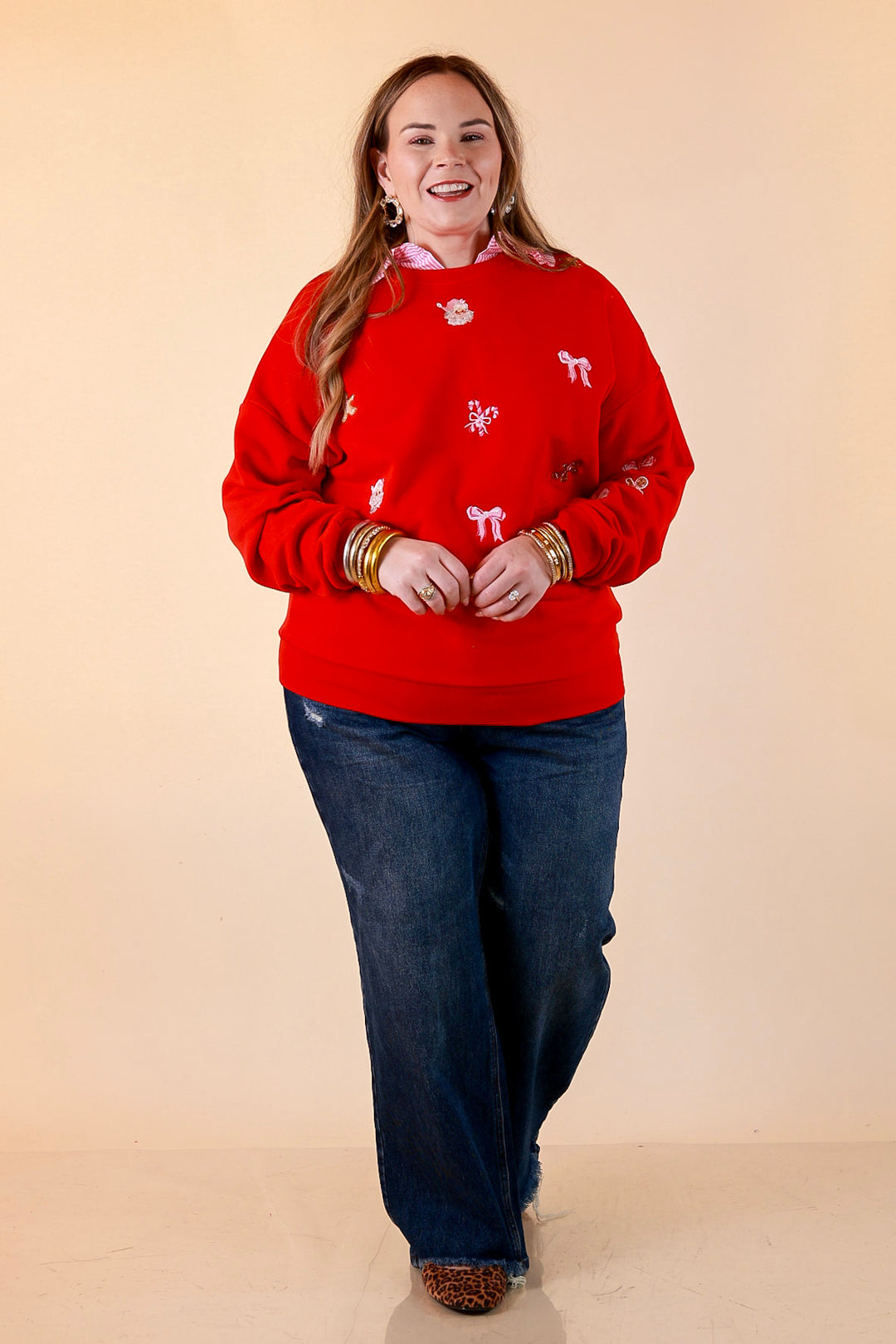 Candy Cane Lane Embroidered Sweatshirt in Red