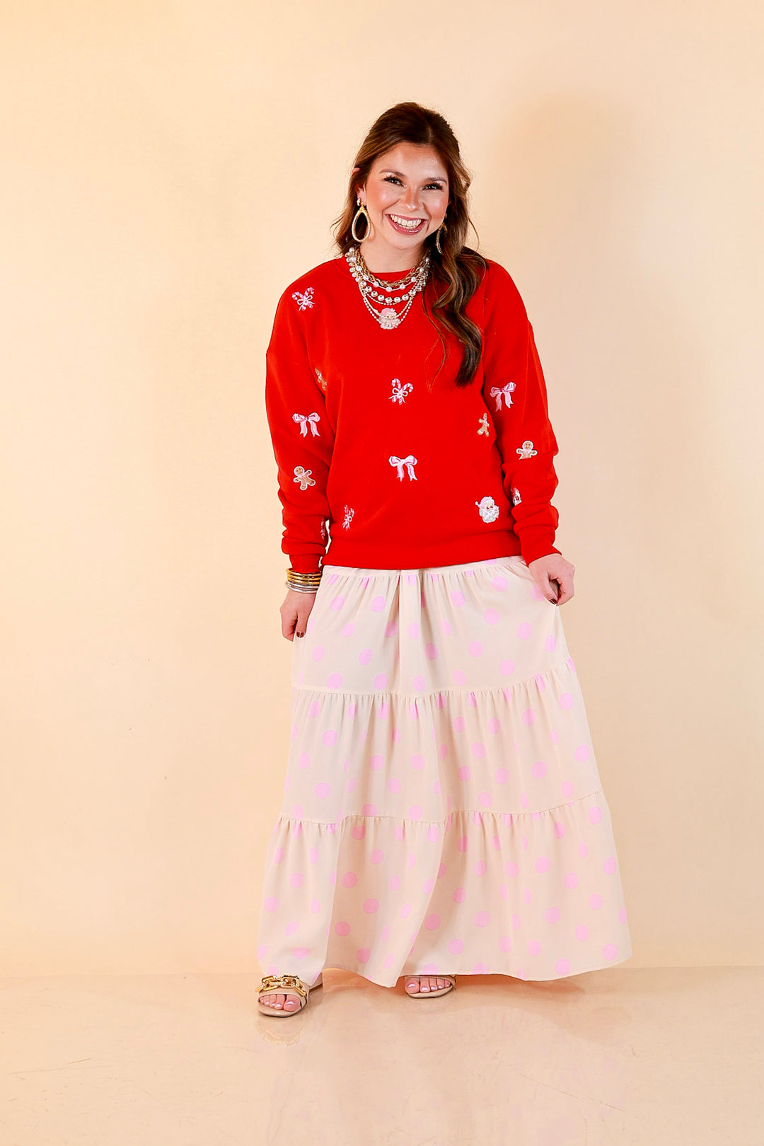 Candy Cane Lane Embroidered Sweatshirt in Red