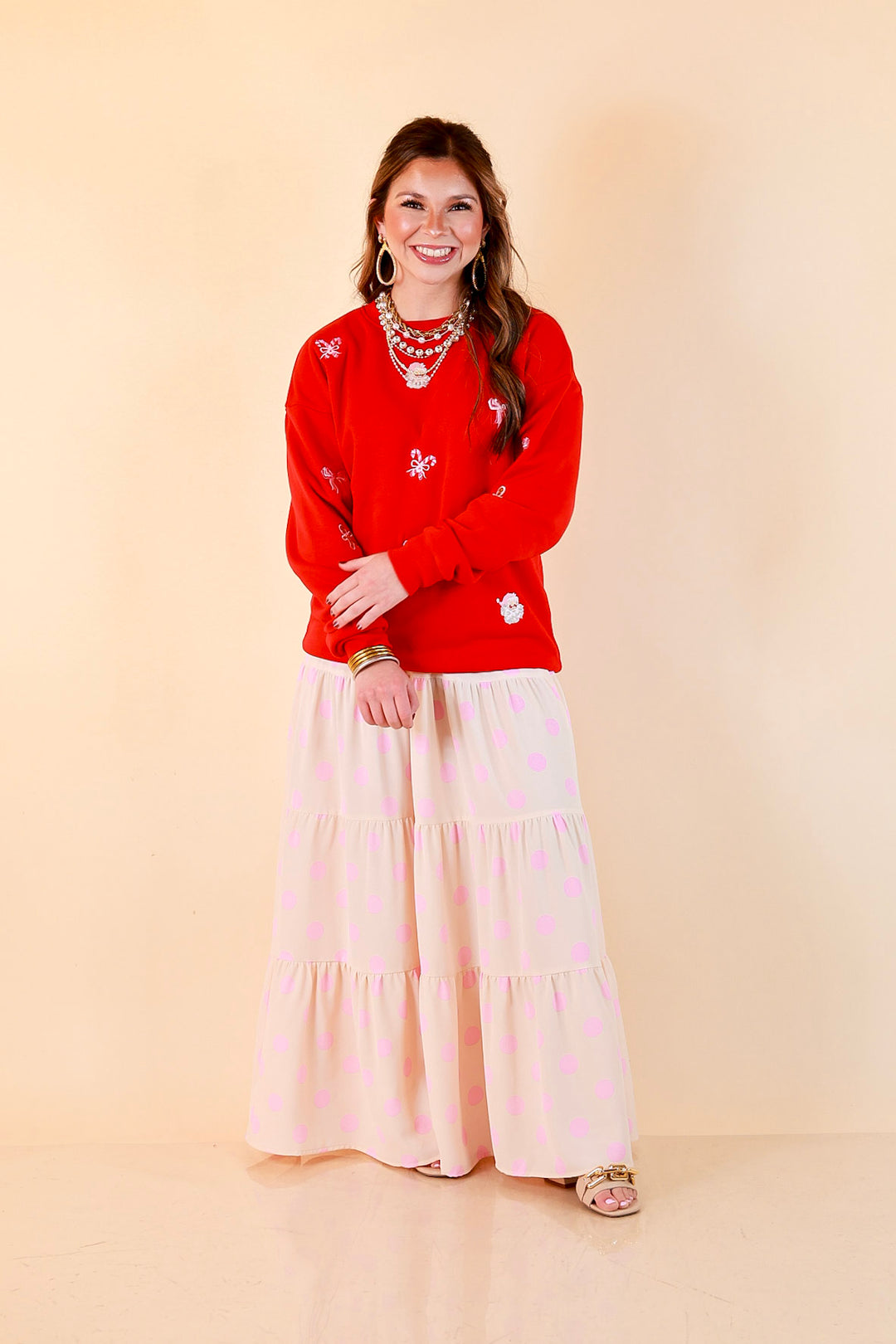 Candy Cane Lane Embroidered Sweatshirt in Red