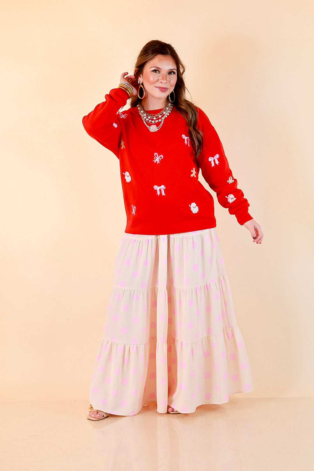 Candy Cane Lane Embroidered Sweatshirt in Red