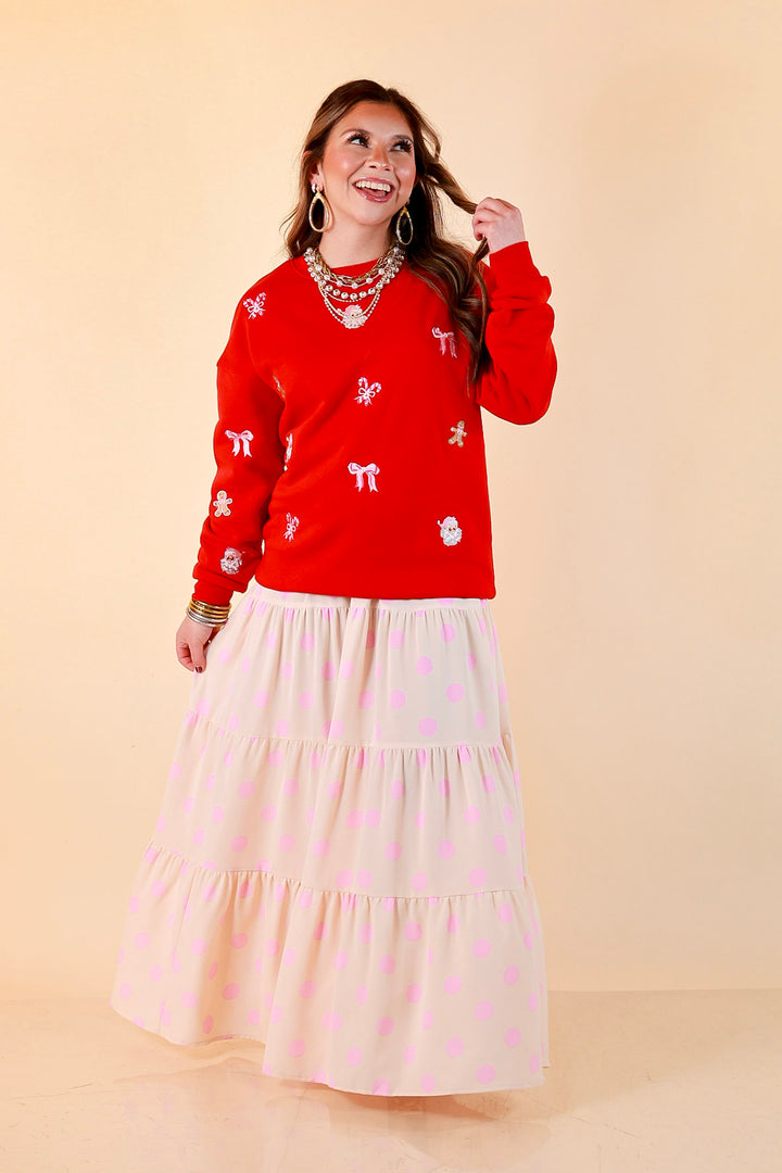 Candy Cane Lane Embroidered Sweatshirt in Red