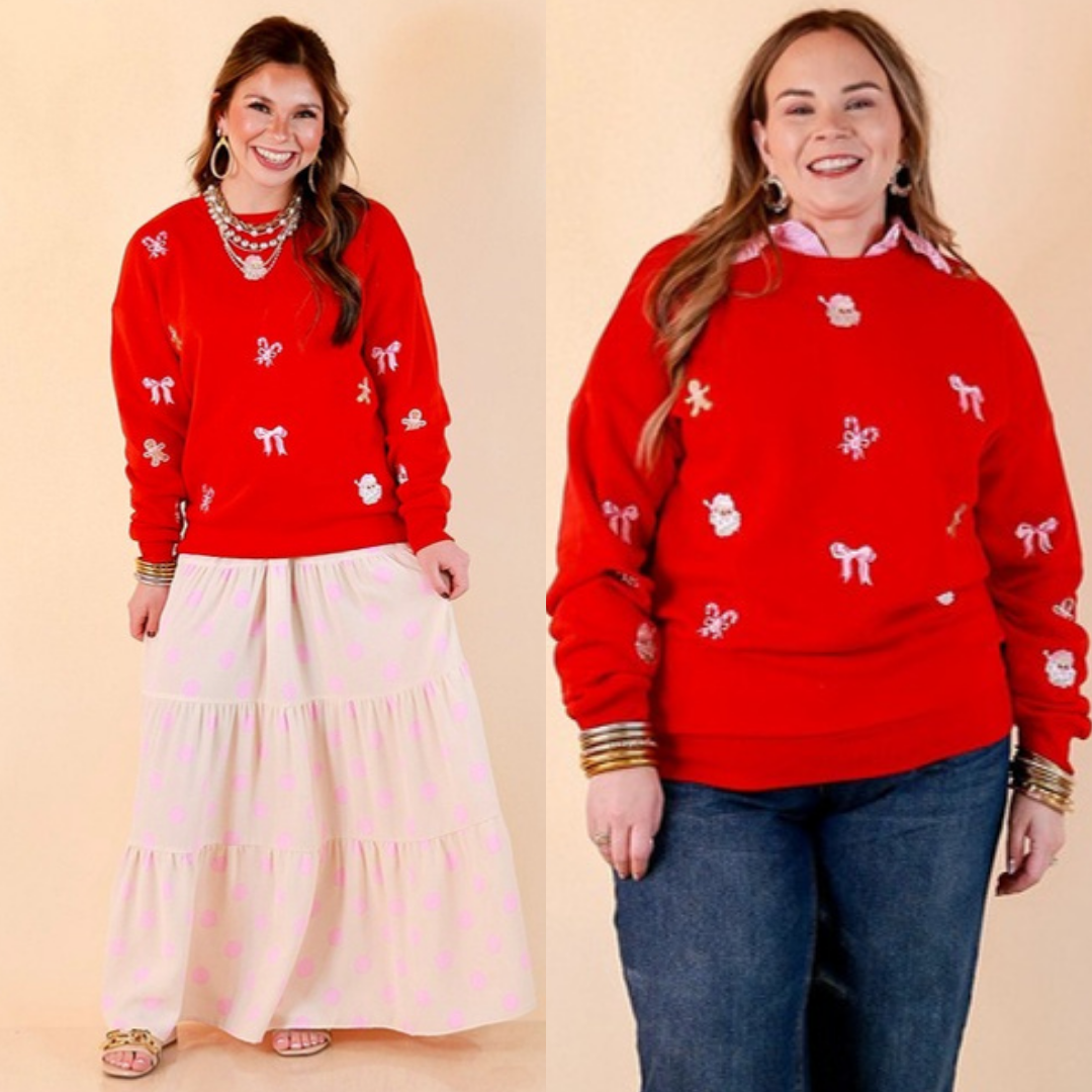 Candy Cane Lane embroidered Santa and gingerbread sweatshirt in red