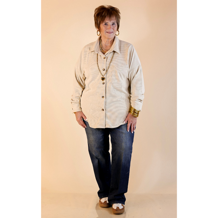 Captivating Cuteness Corduroy Button Up Shacket in Cream