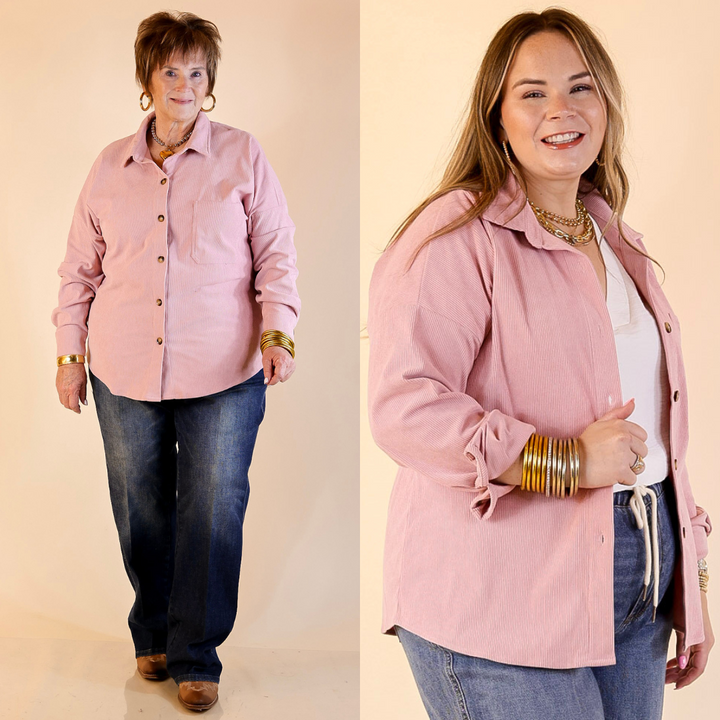 Models are wearing a corduroy shacket in light pink and blue jeans with a beige background