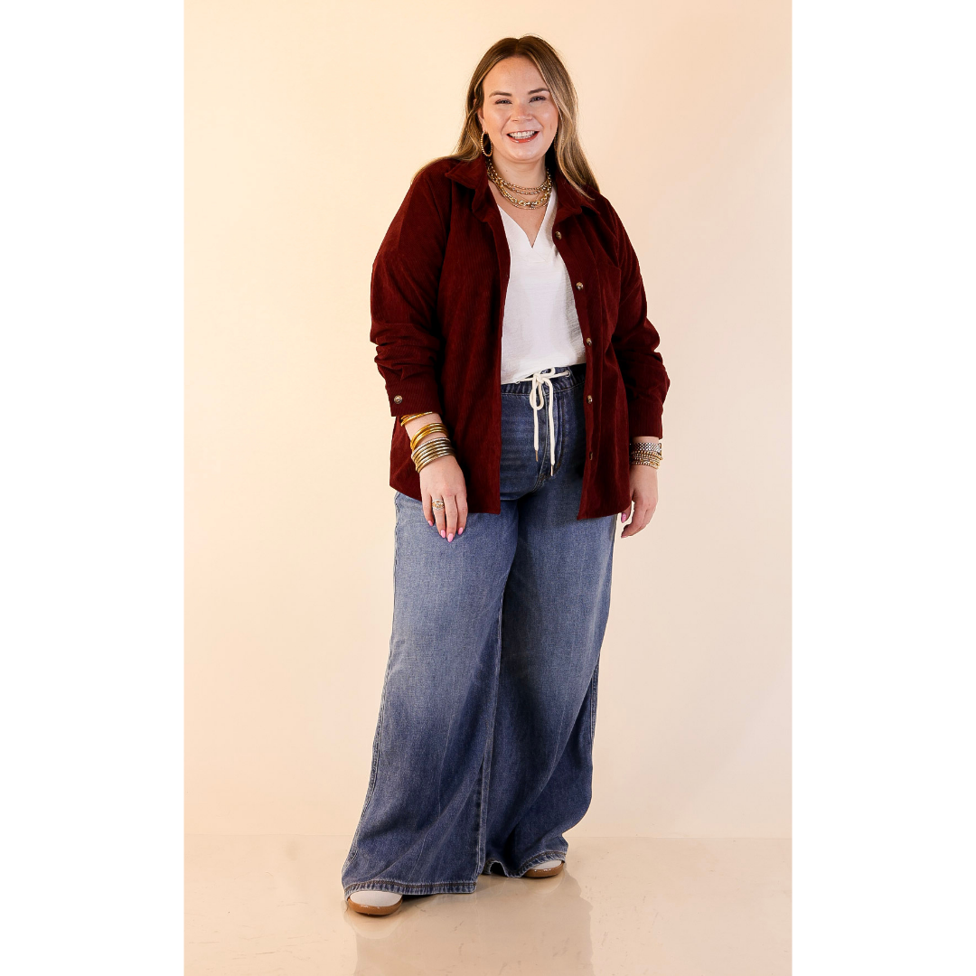 Captivating Cuteness Corduroy Button Up Shacket in Maroon