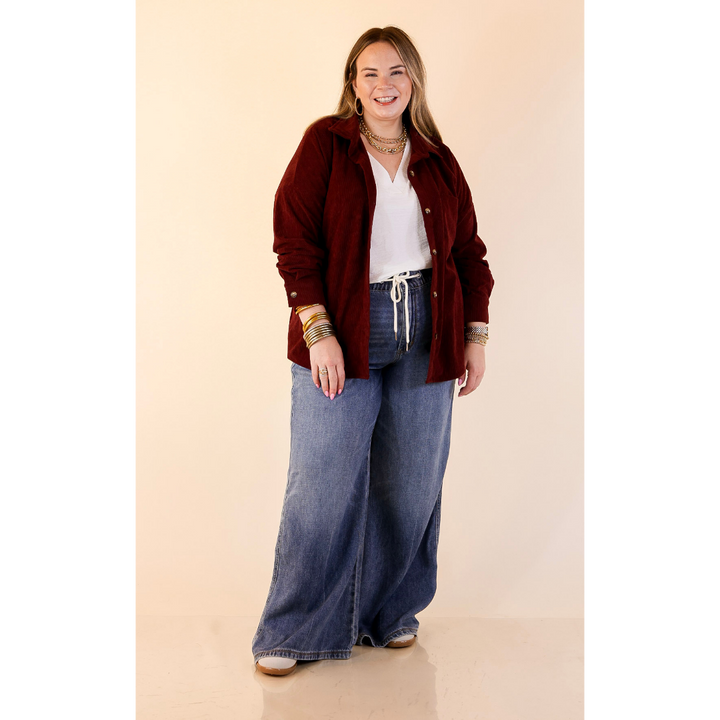 Captivating Cuteness Corduroy Button Up Shacket in Maroon