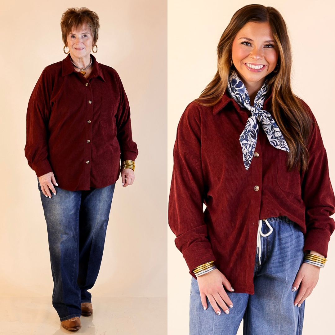 Models are wearing a corduroy shacket in maroon and blue jeans with a beige background