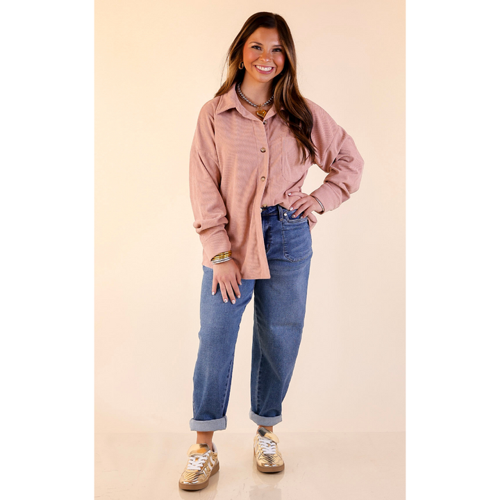Captivating Cuteness Corduroy Button Up Shacket in Mauve Pink