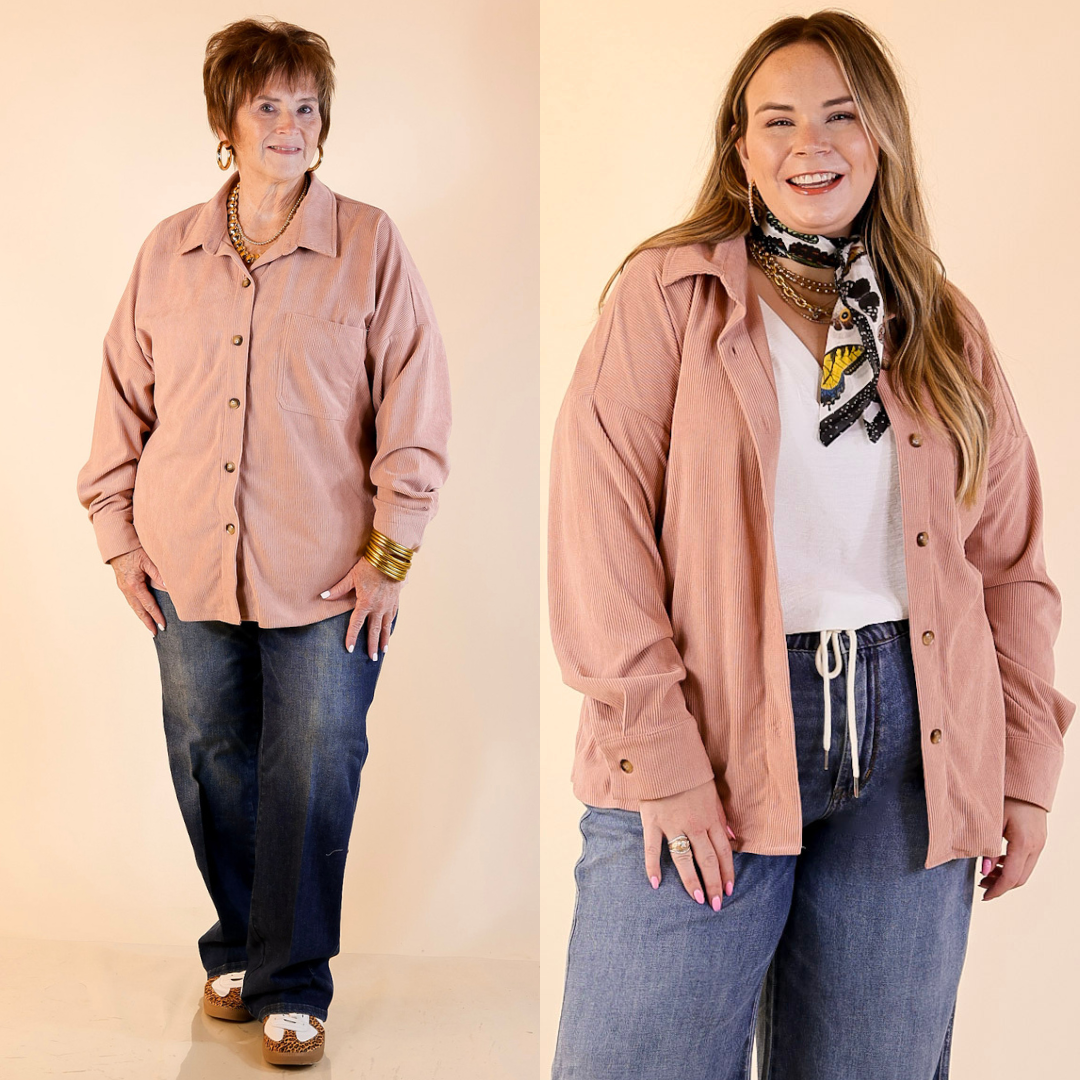 Models are wearing a corduroy shacket in mauve pink and blue jeans with a beige background
