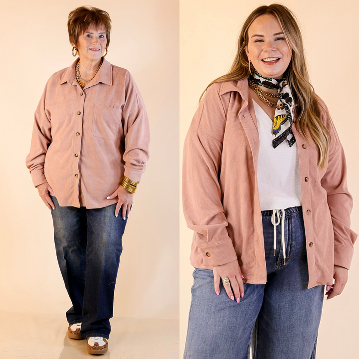 Models are wearing a corduroy shacket in mauve pink and blue jeans with a beige background