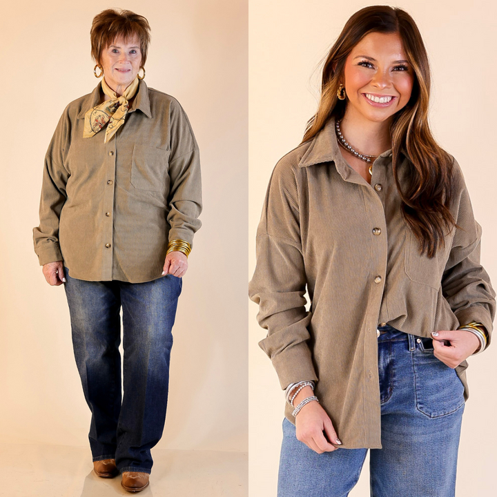 Models are wearing a corduroy shacket in olive green and blue jeans with a beige background