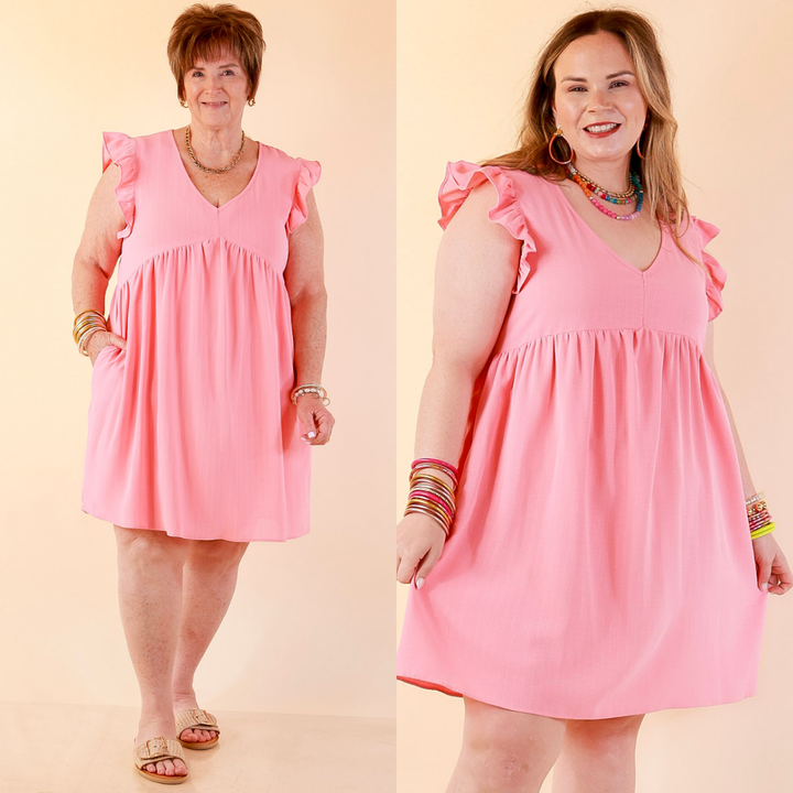 Capture Your Attention V Neck Dress with Ruffle Cap Sleeves in Bubblegum Pink
