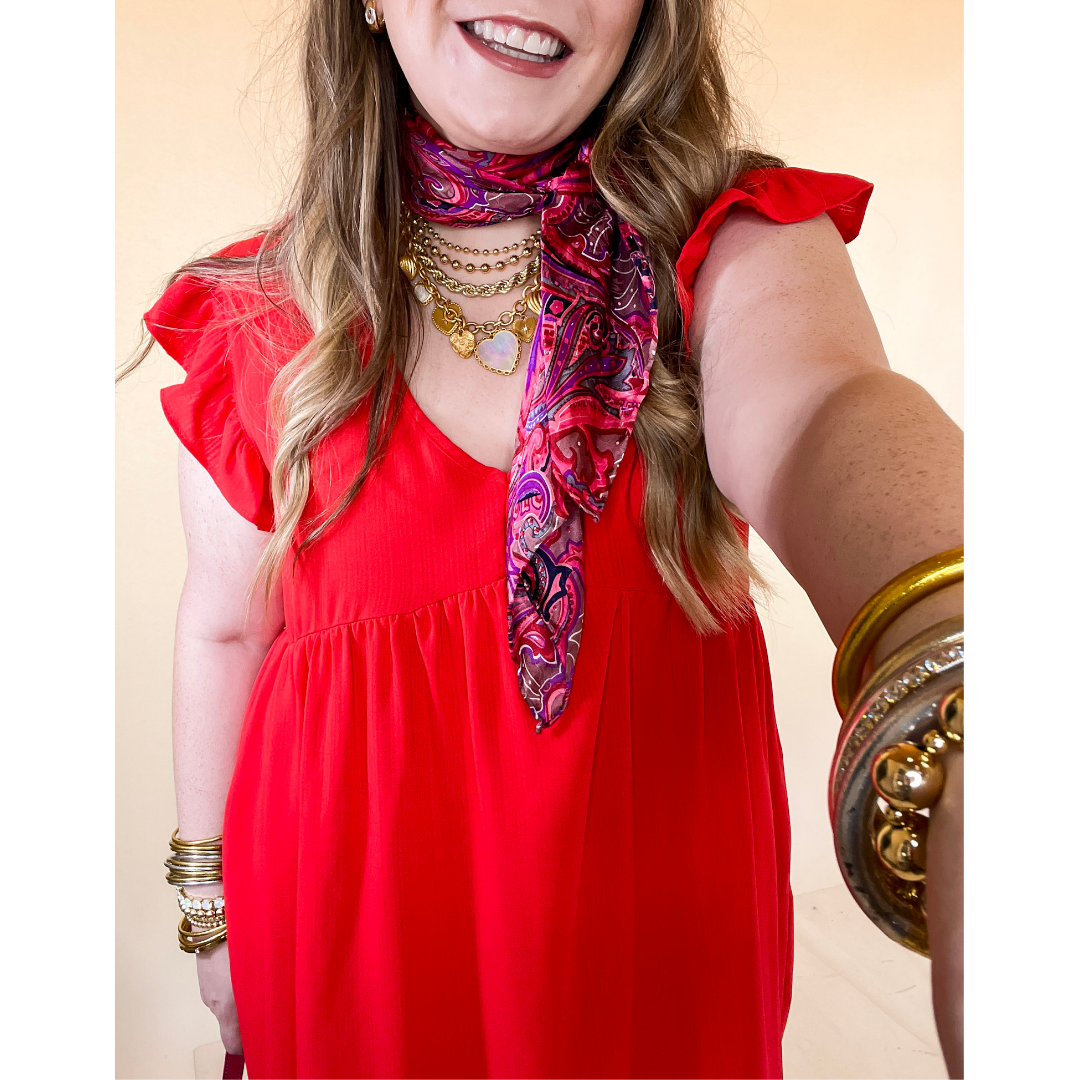 Capture Your Attention V Neck Dress with Ruffle Cap Sleeves in Red