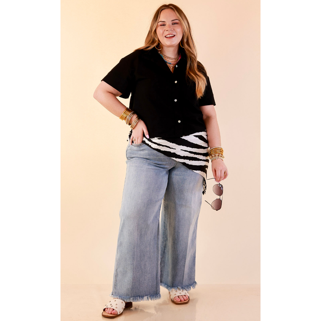 Casual Composure Button Front Short Sleeve Linen Top in Black