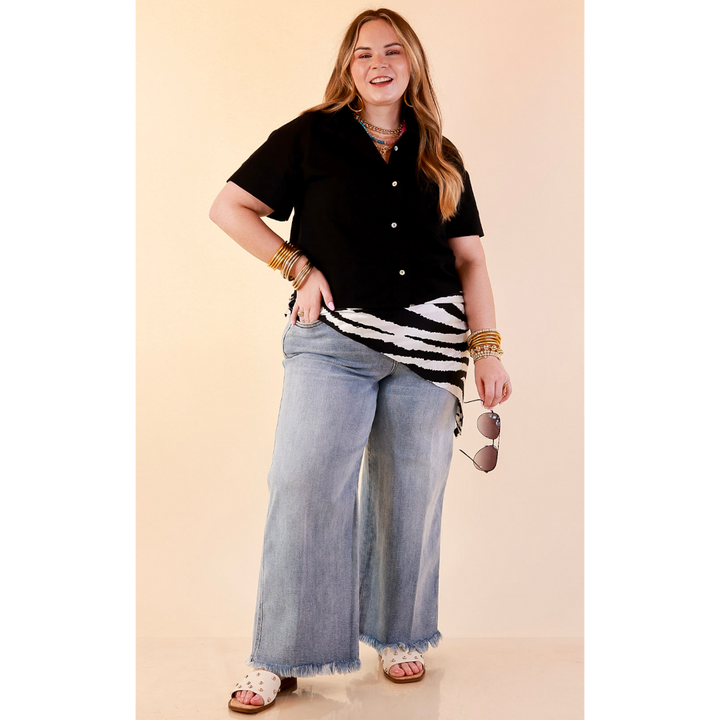 Casual Composure Button Front Short Sleeve Linen Top in Black