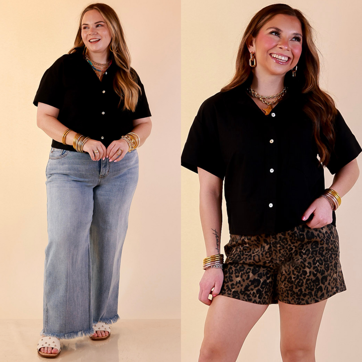 Casual Composure Button Front Short Sleeve Linen Top in Black