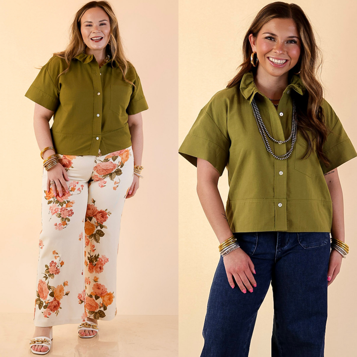 Models are wearing Button Front Short Sleeve Linen Top in Olive Green with jeans against a beige backdrop.