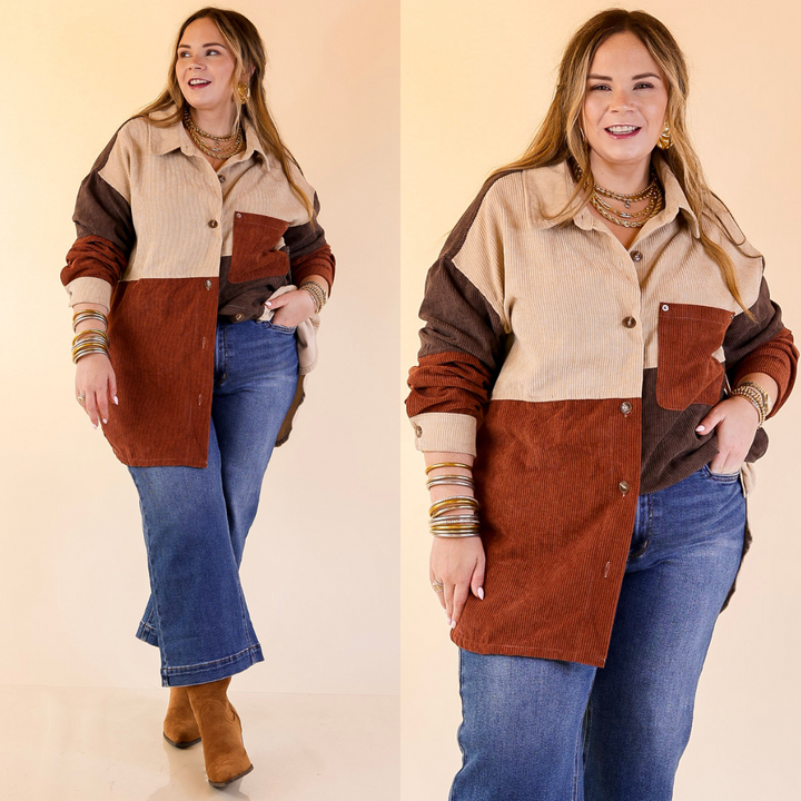 Casual Cuddles Color Block Corduroy Shacket in Brown Mix