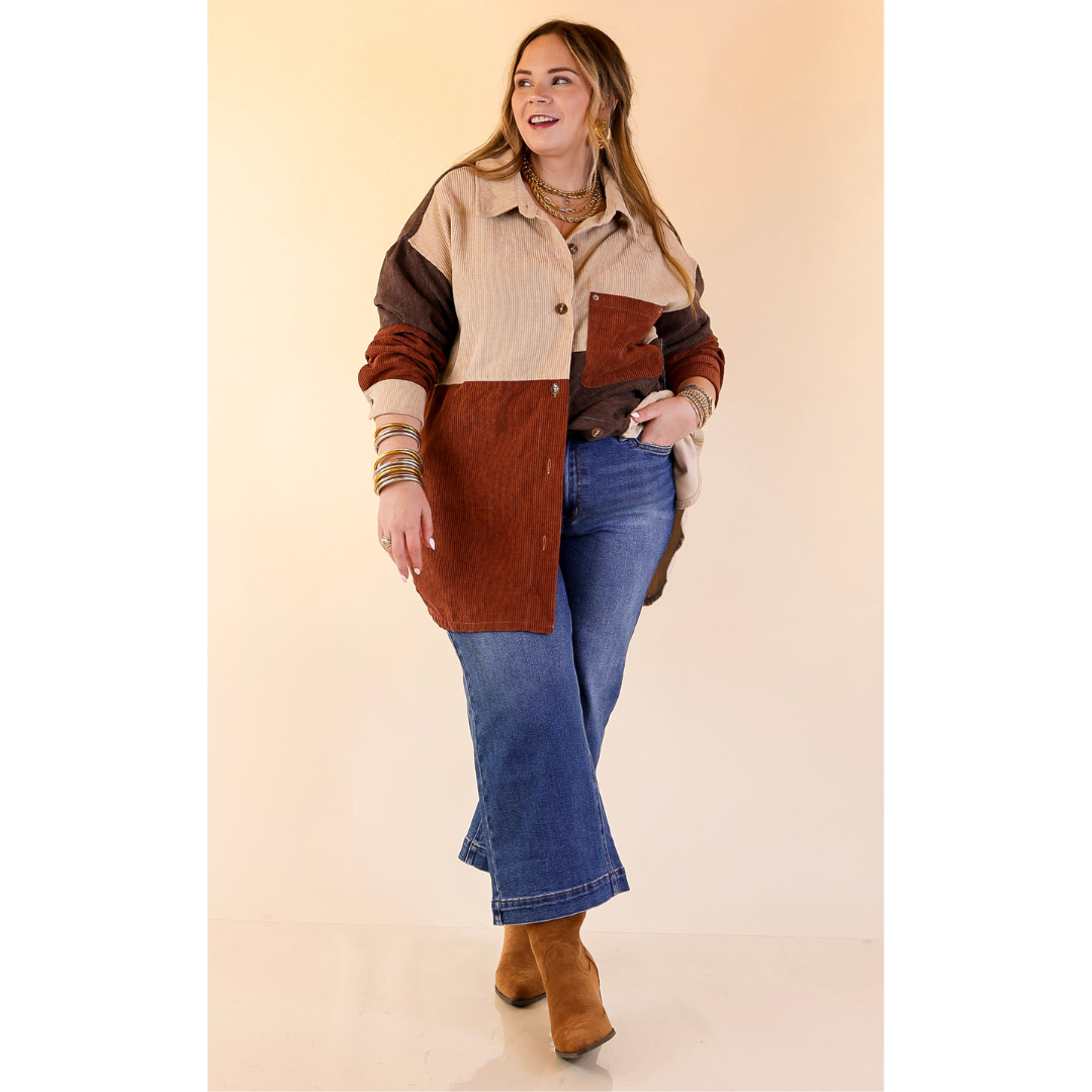 Casual Cuddles Color Block Corduroy Shacket in Brown Mix