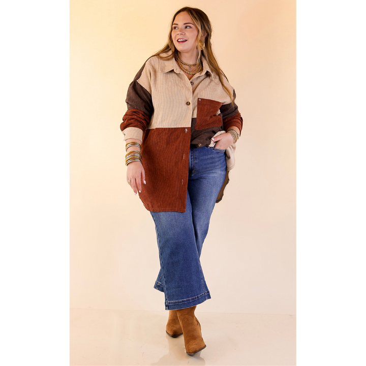 Casual Cuddles Color Block Corduroy Shacket in Brown Mix