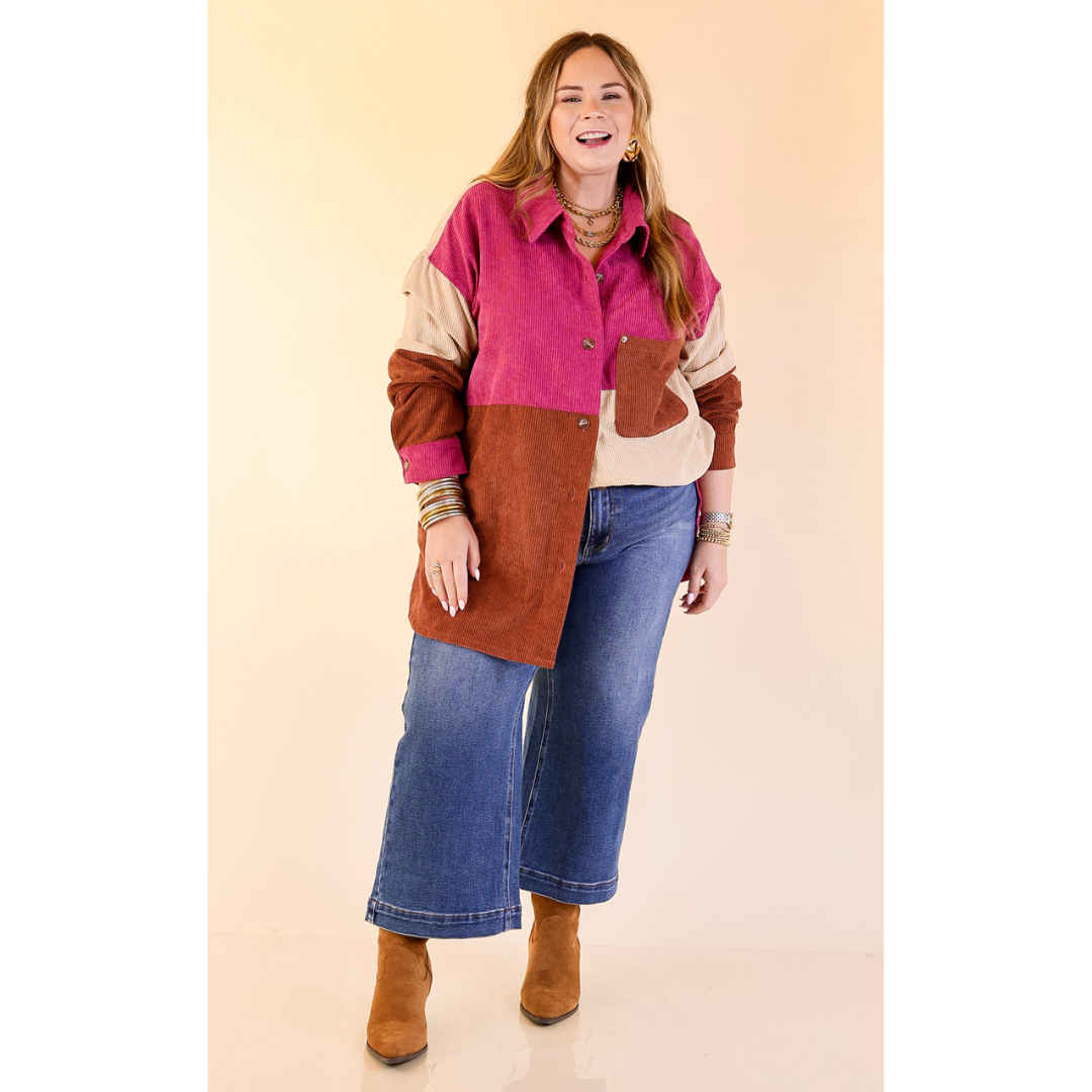 Casual Cuddles Color Block Corduroy Shacket in Magenta Mix