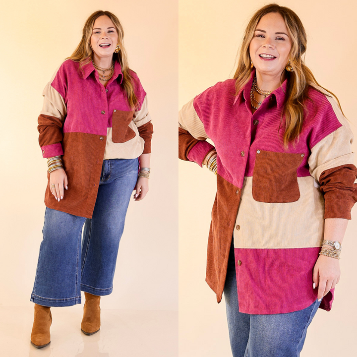 Casual Cuddles Color Block Corduroy Shacket in Magenta Mix