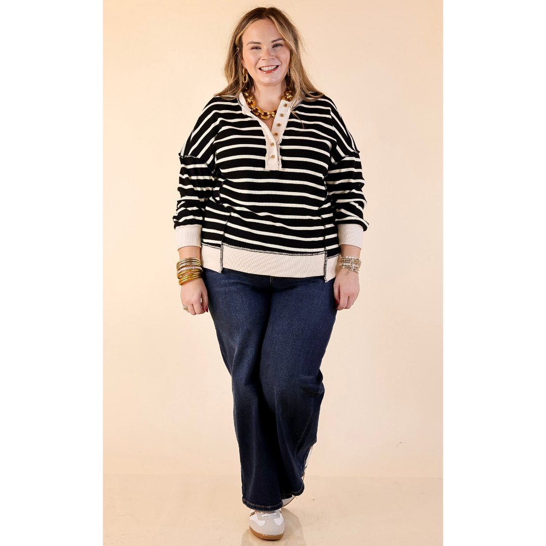 Casual Edge Long Sleeve Striped Henley Knit Top with Dropped Shoulders in Black with Ivory Stripes