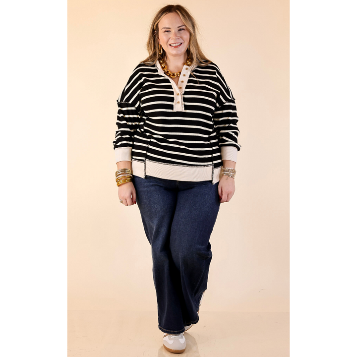Casual Edge Long Sleeve Striped Henley Knit Top with Dropped Shoulders in Black with Ivory Stripes
