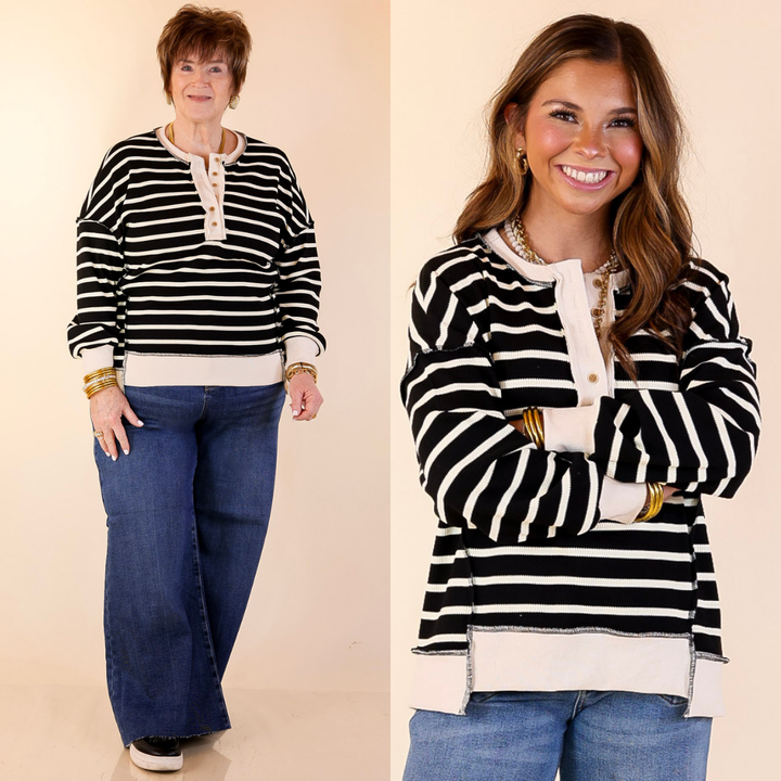 Casual Edge Long Sleeve Striped Henley Knit Top with Dropped Shoulders in Black with Ivory Stripes