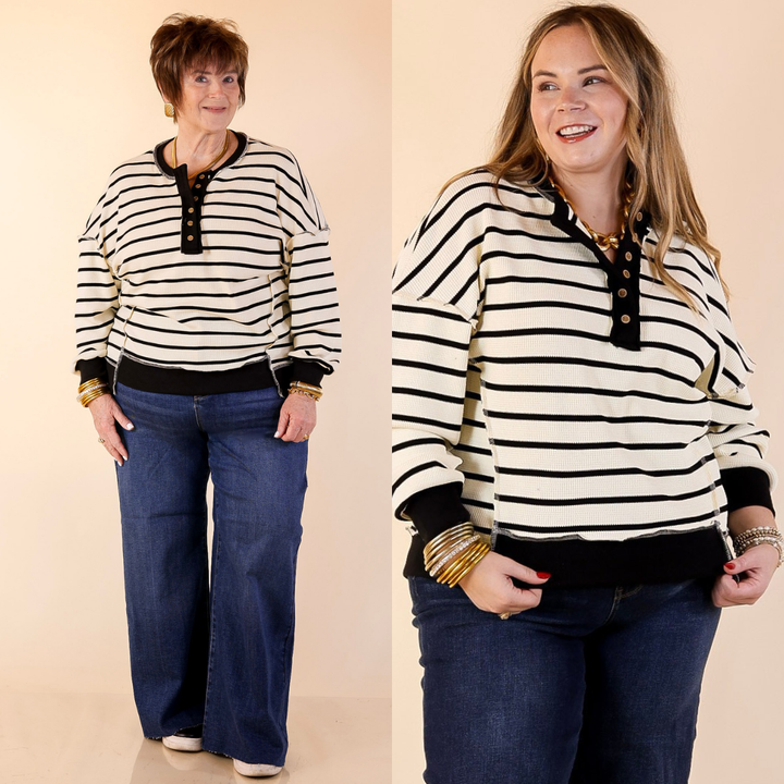 Casual Edge Long Sleeve Striped Henley Knit Top with Dropped Shoulders in Ivory with Black Stripes
