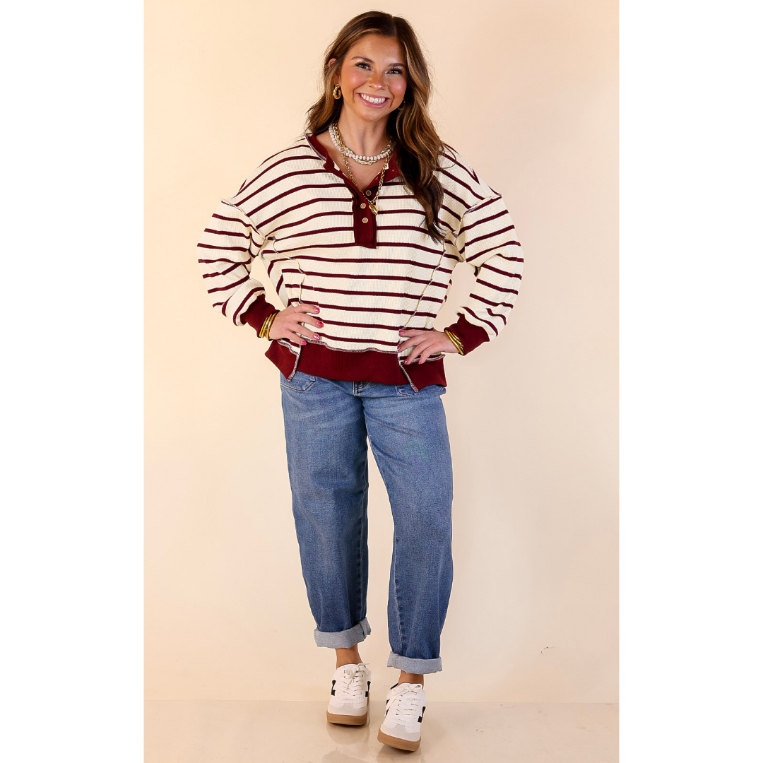 Casual Edge Long Sleeve Striped Henley Knit Top with Dropped Shoulders in Ivory with Maroon Stripes
