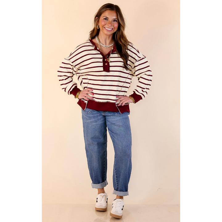 Casual Edge Long Sleeve Striped Henley Knit Top with Dropped Shoulders in Ivory with Maroon Stripes