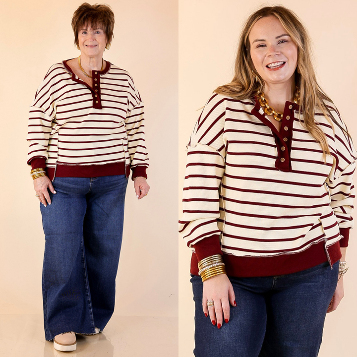Casual Edge Long Sleeve Striped Henley Knit Top with Dropped Shoulders in Ivory with Maroon Stripes